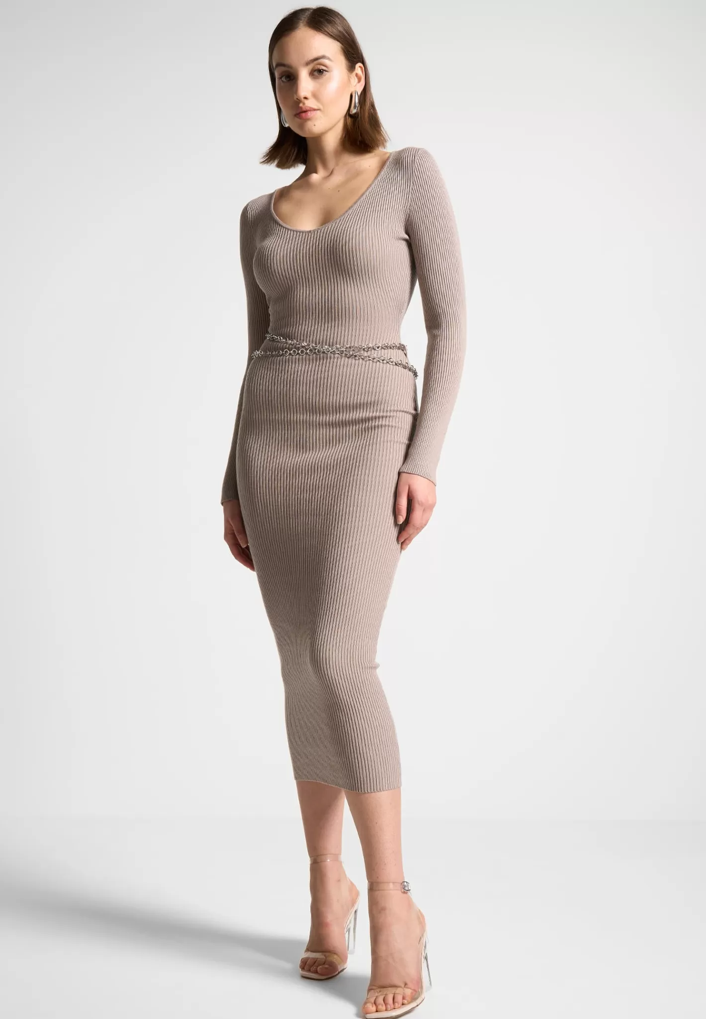 Ribbed Knit Midaxi Dress with Chain Belt - -Manière De Voir Store