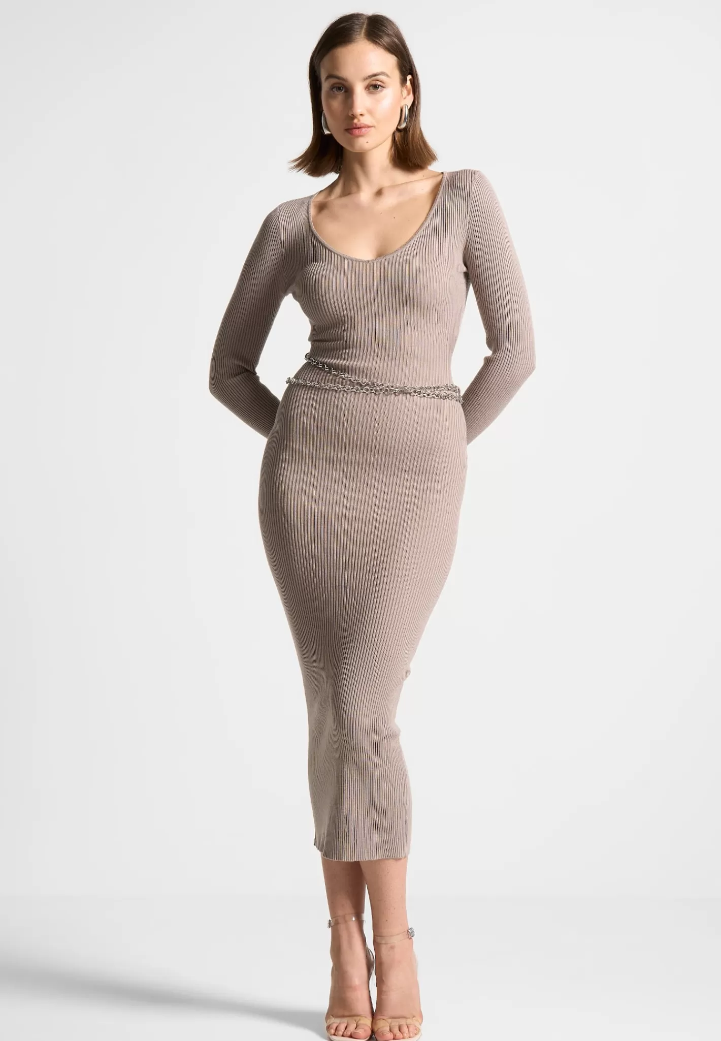 Ribbed Knit Midaxi Dress with Chain Belt - -Manière De Voir Store