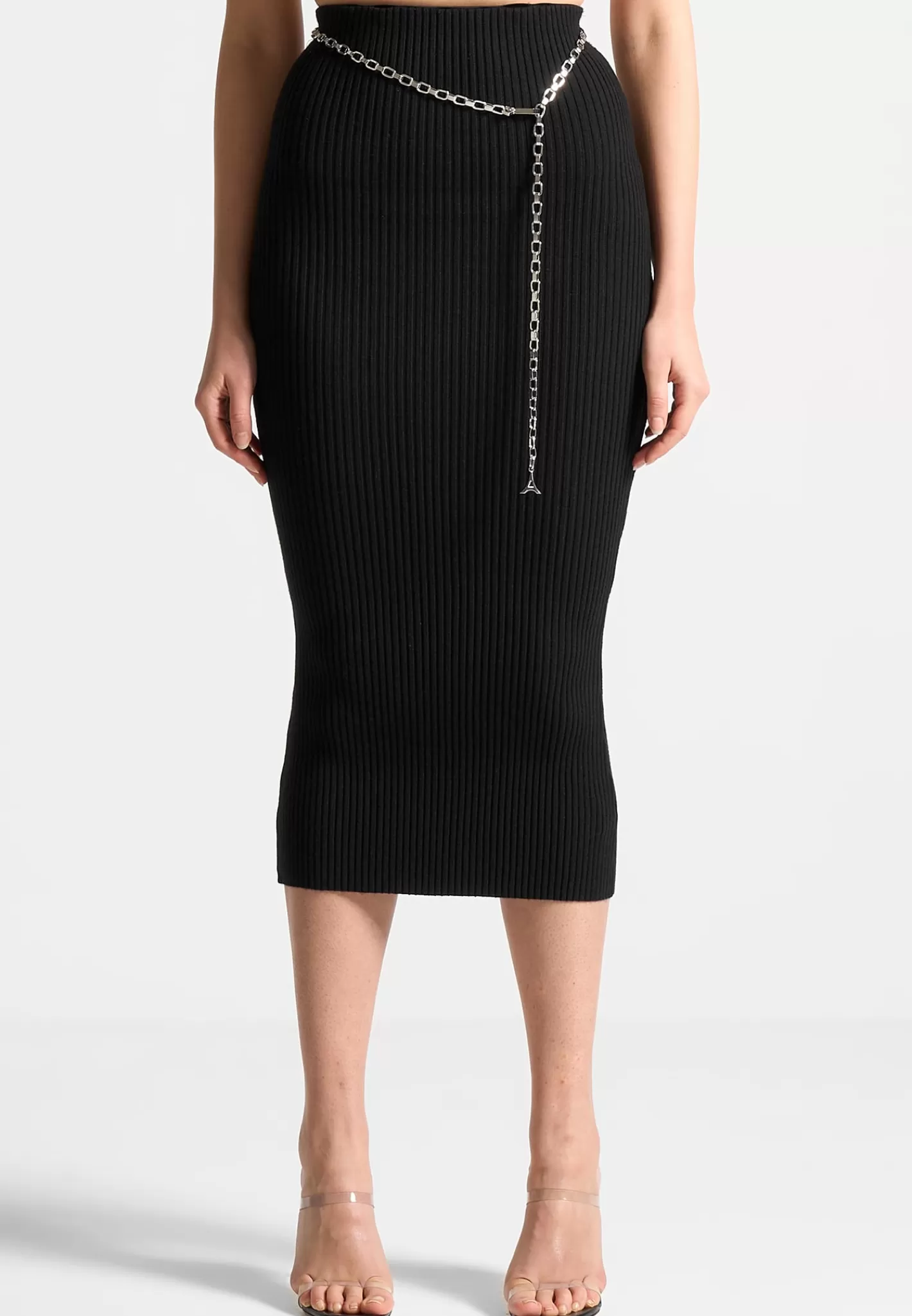 Ribbed Knit Midaxi Skirt with Chain Belt - -Manière De Voir Outlet