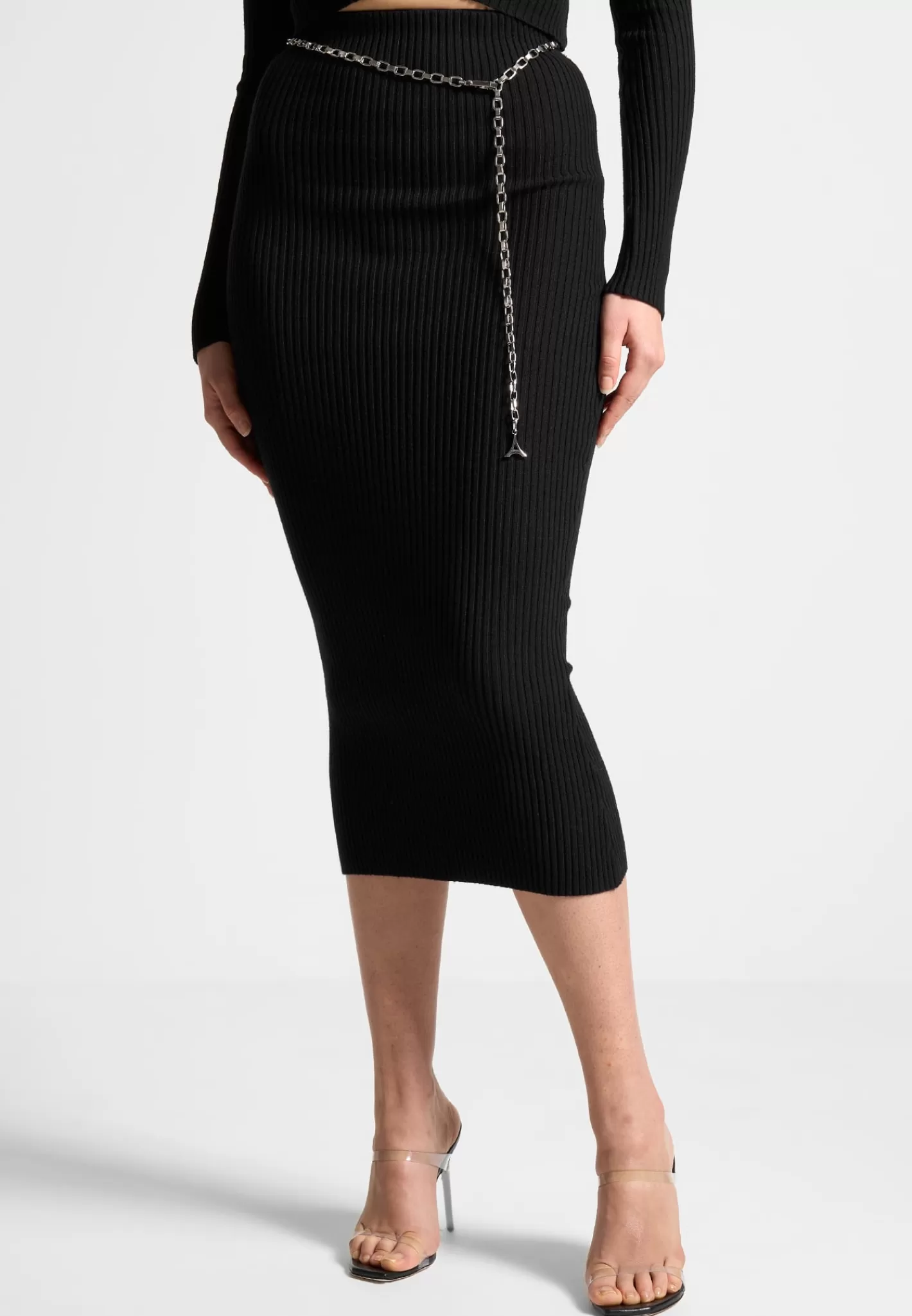 Ribbed Knit Midaxi Skirt with Chain Belt - -Manière De Voir Outlet