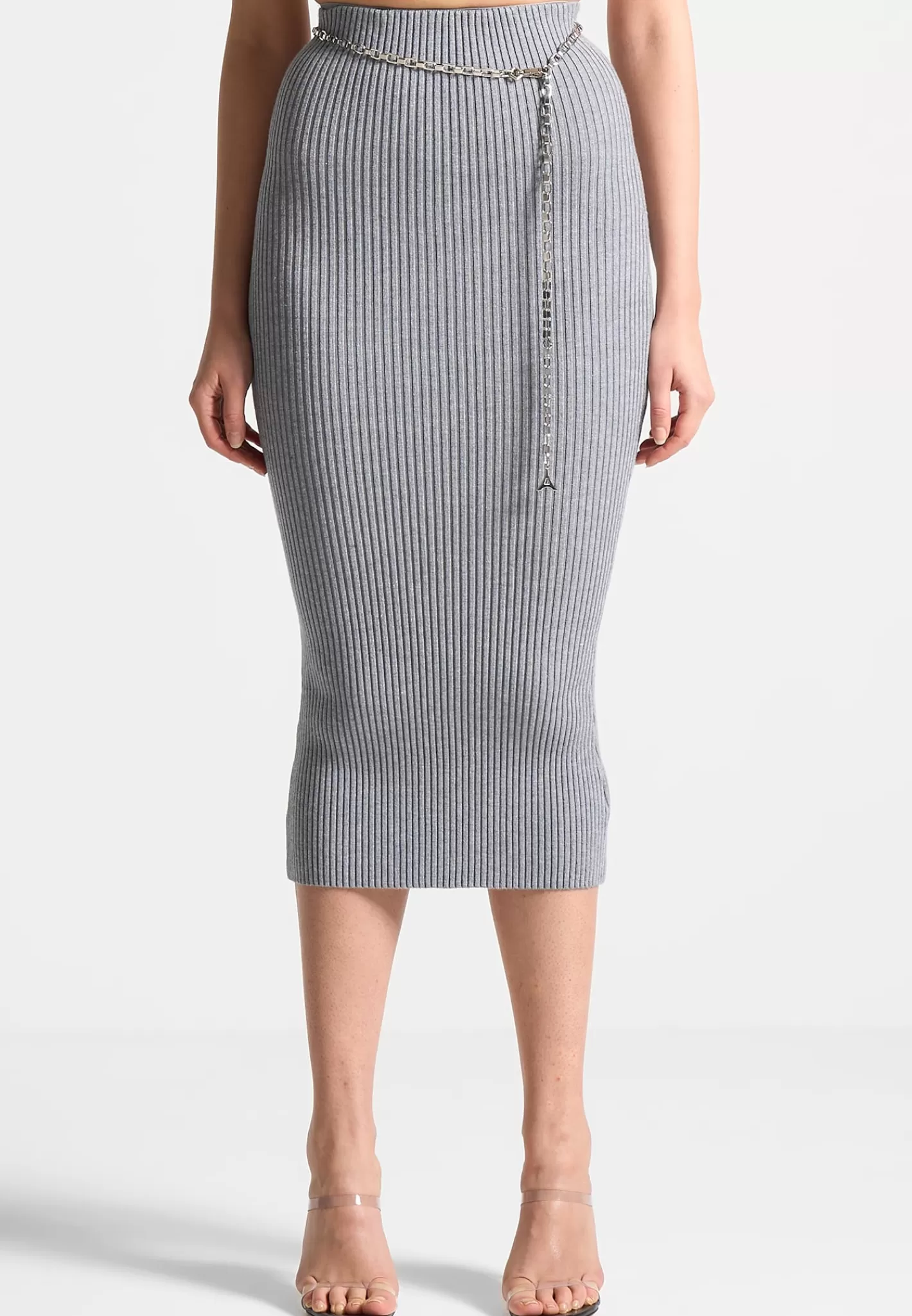 Ribbed Knit Midaxi Skirt with Chain Belt - -Manière De Voir Best