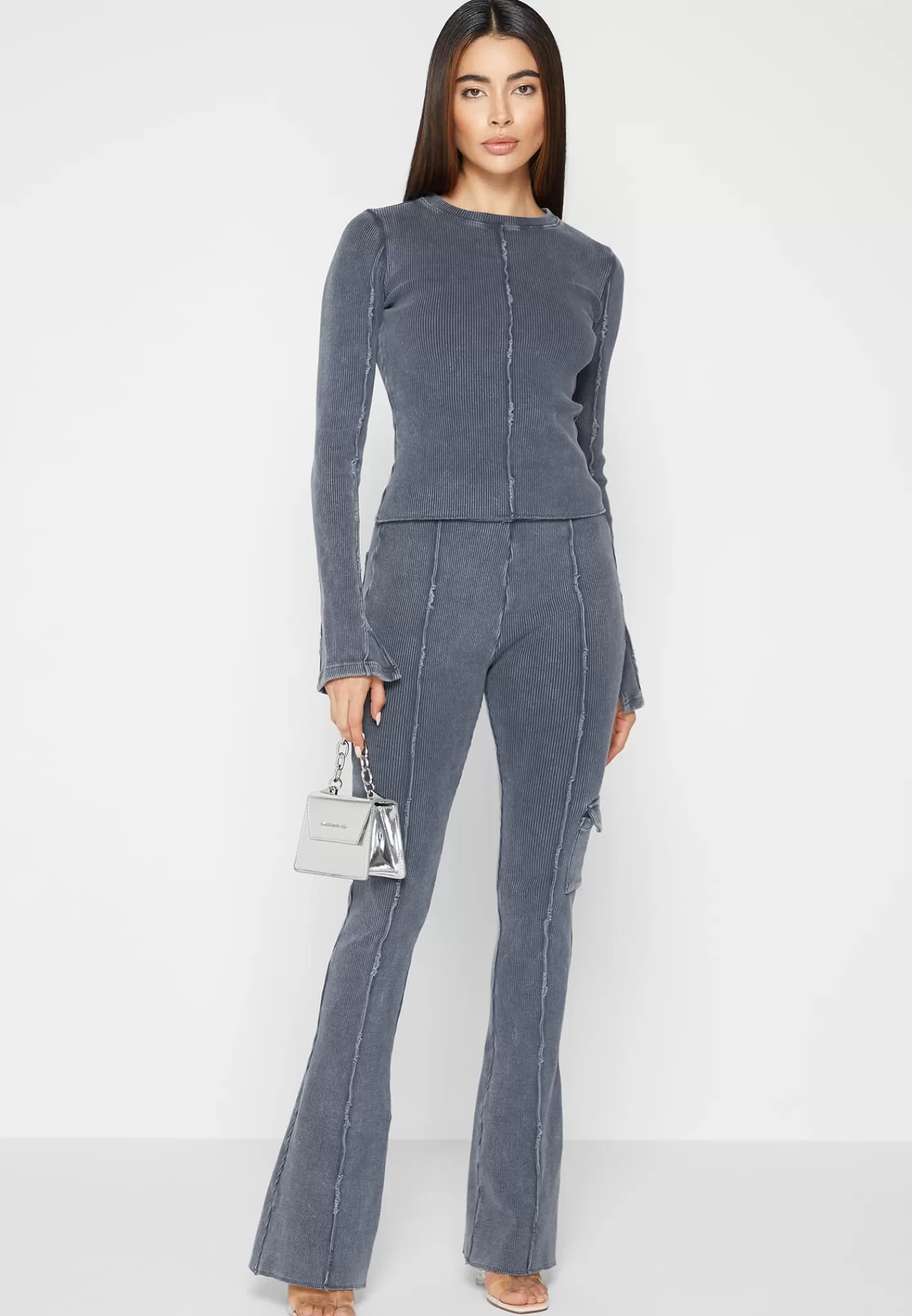 Ribbed Long Sleeve Top - Washed Blue-Manière De Voir Hot