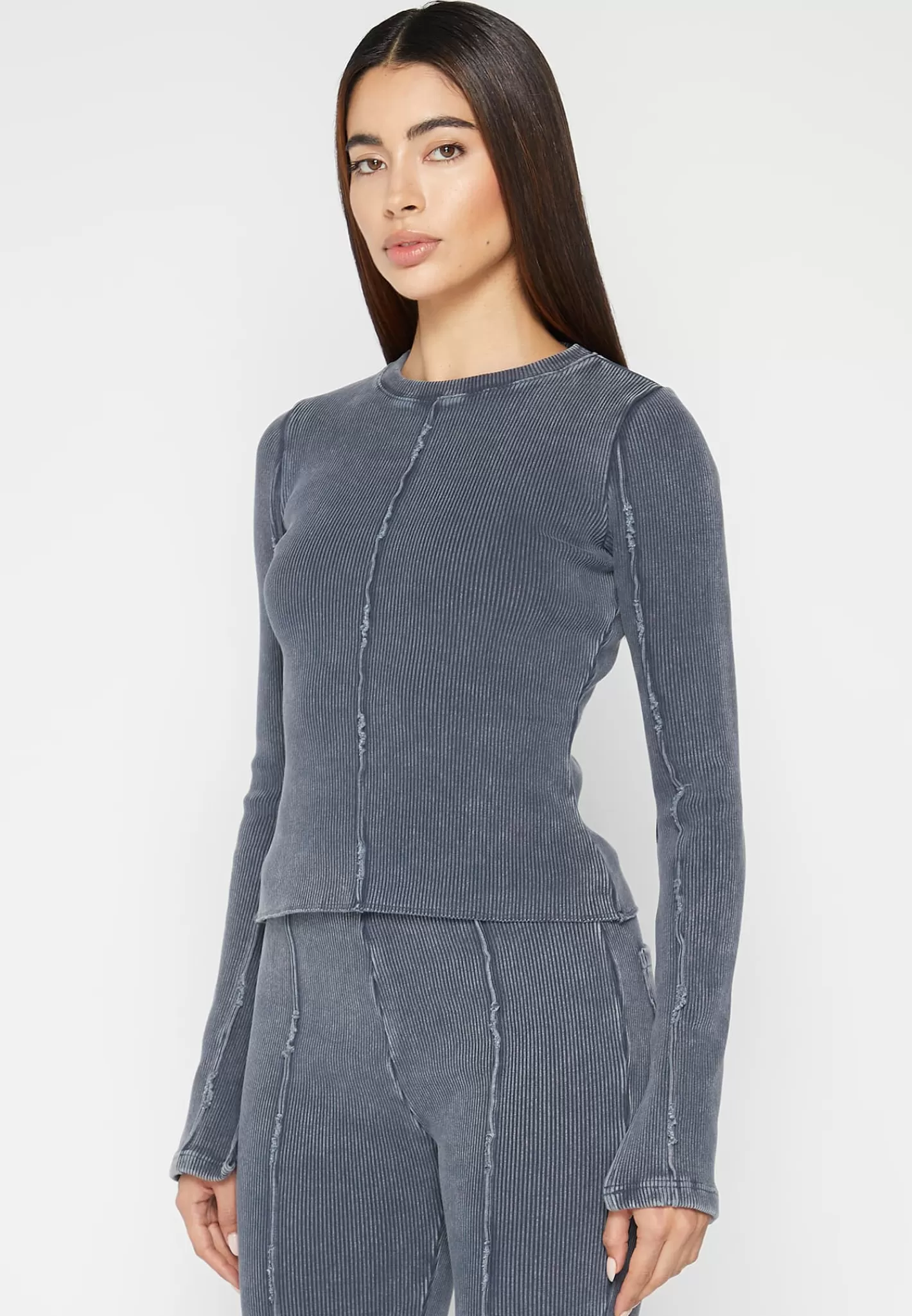 Ribbed Long Sleeve Top - Washed Blue-Manière De Voir Hot