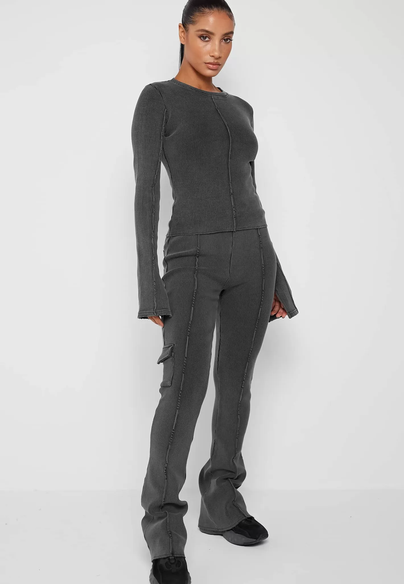 Ribbed Long Sleeve Top - Washed Grey-Manière De Voir New