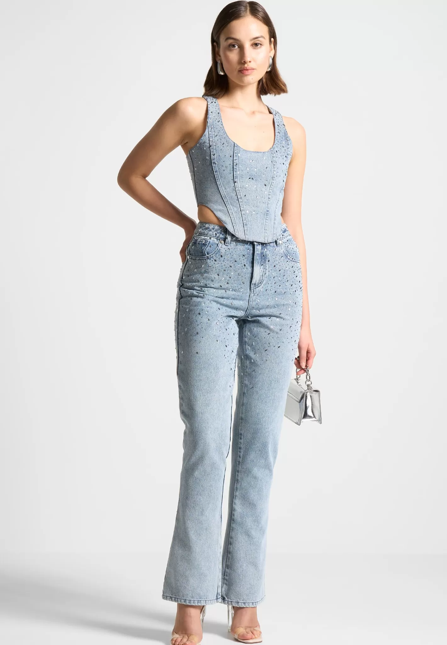 Scattered Rhinestone Denim Corset Top - Mid Blue-Manière De Voir Cheap