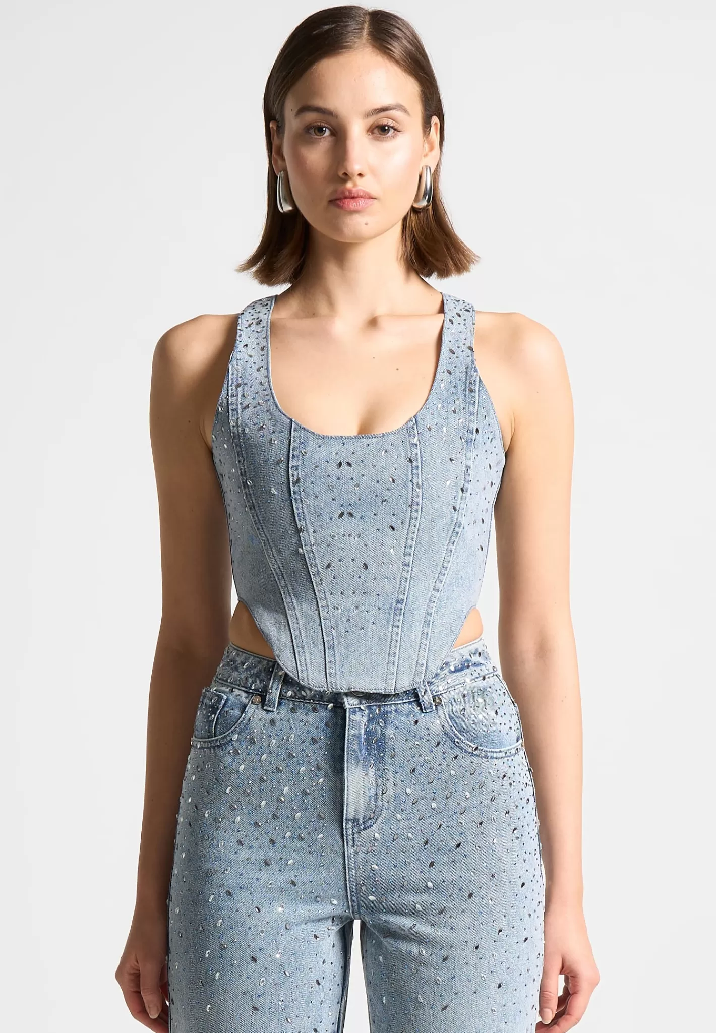 Scattered Rhinestone Denim Corset Top - Mid Blue-Manière De Voir Cheap