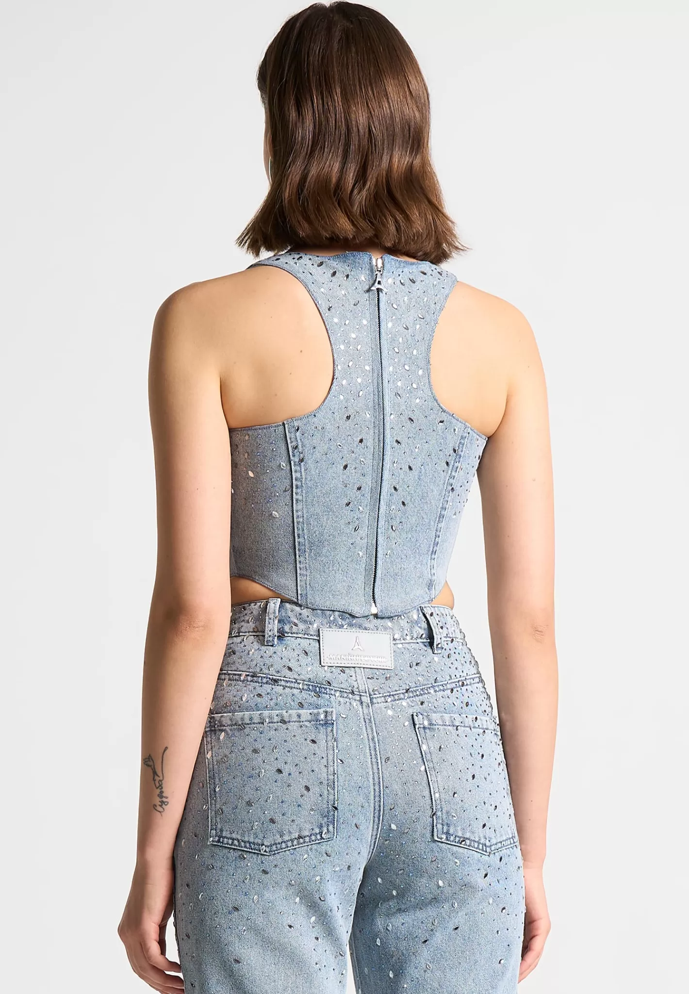 Scattered Rhinestone Denim Corset Top - Mid Blue-Manière De Voir Cheap