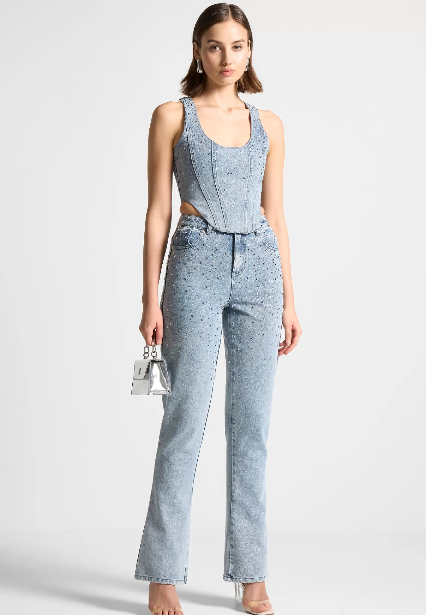 Scattered Rhinestone Mini Flare Jeans - Mid Blue-Manière De Voir Store