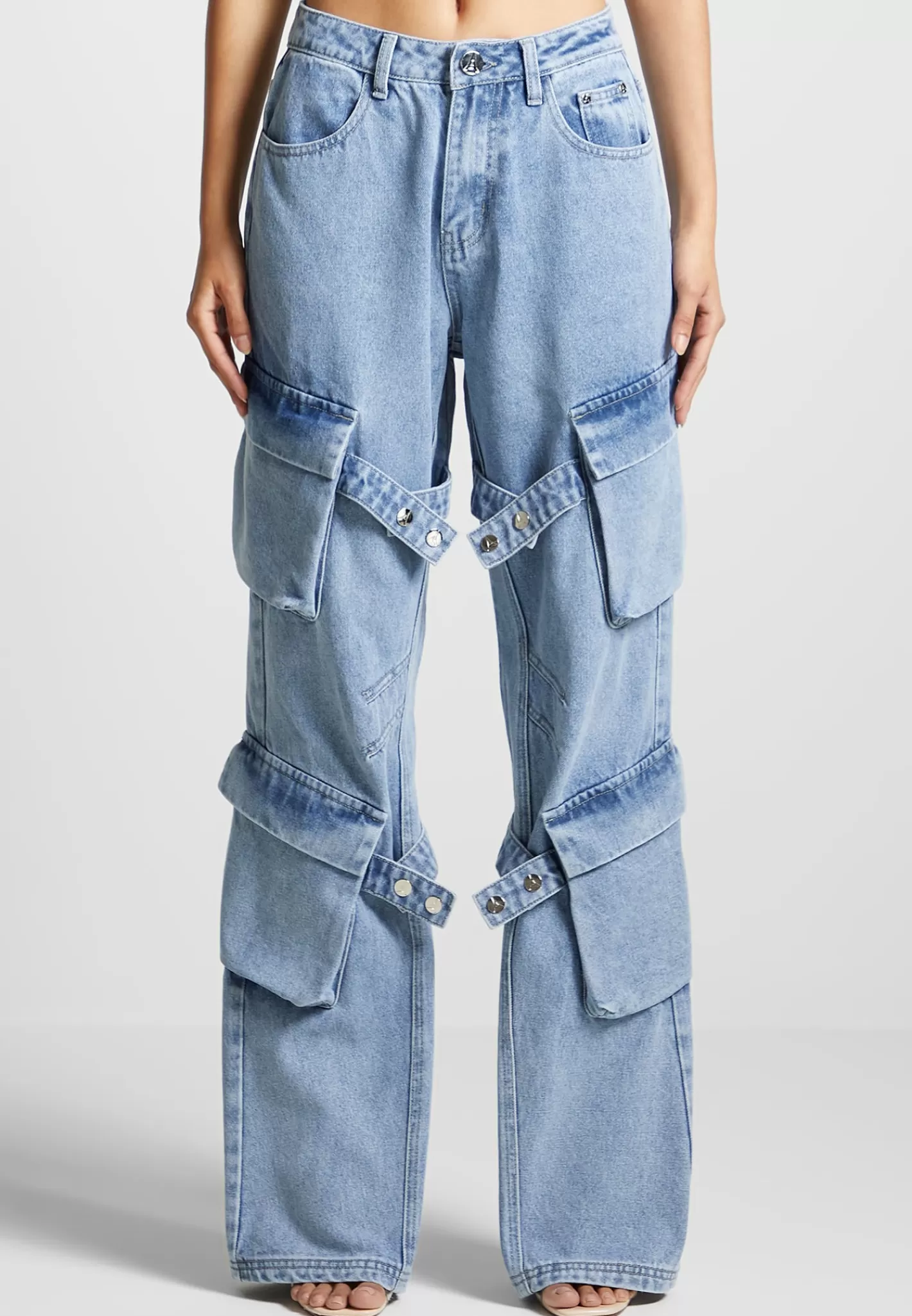 Strap Detail Cargo Jeans - Mid Blue-Manière De Voir Fashion