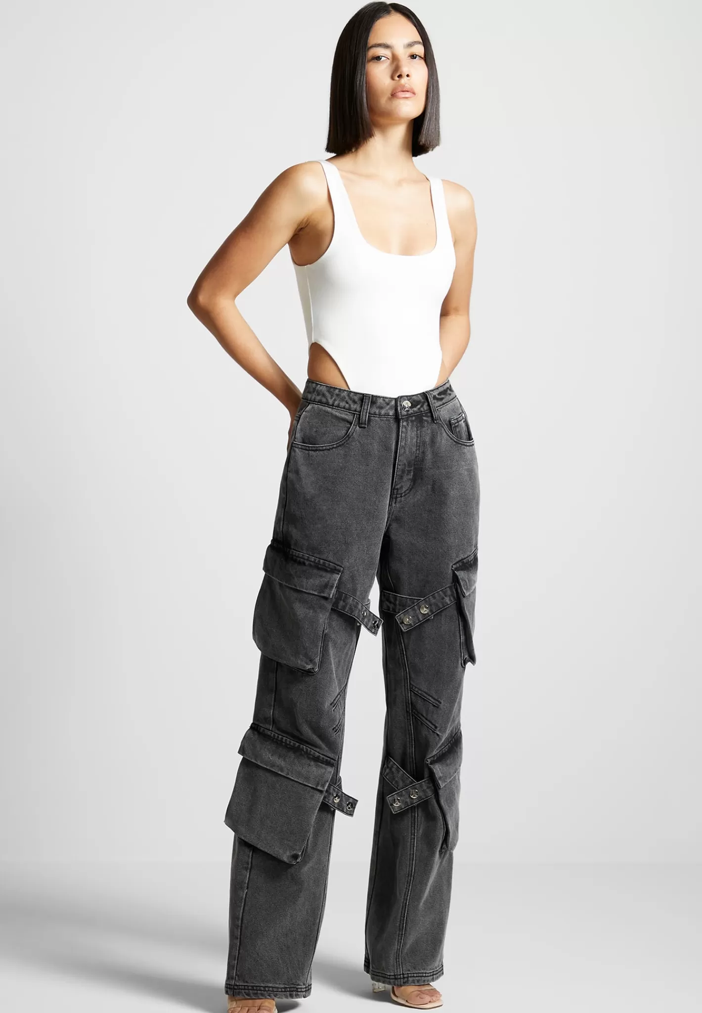 Strap Detail Cargo Jeans - Washed Grey-Manière De Voir Shop
