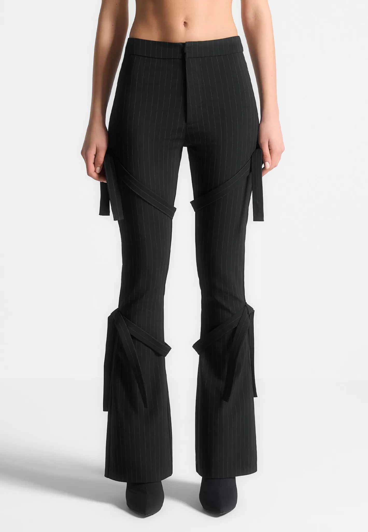 Strap Detail Pinstripe Fit and Flare Leggings - -Manière De Voir Fashion