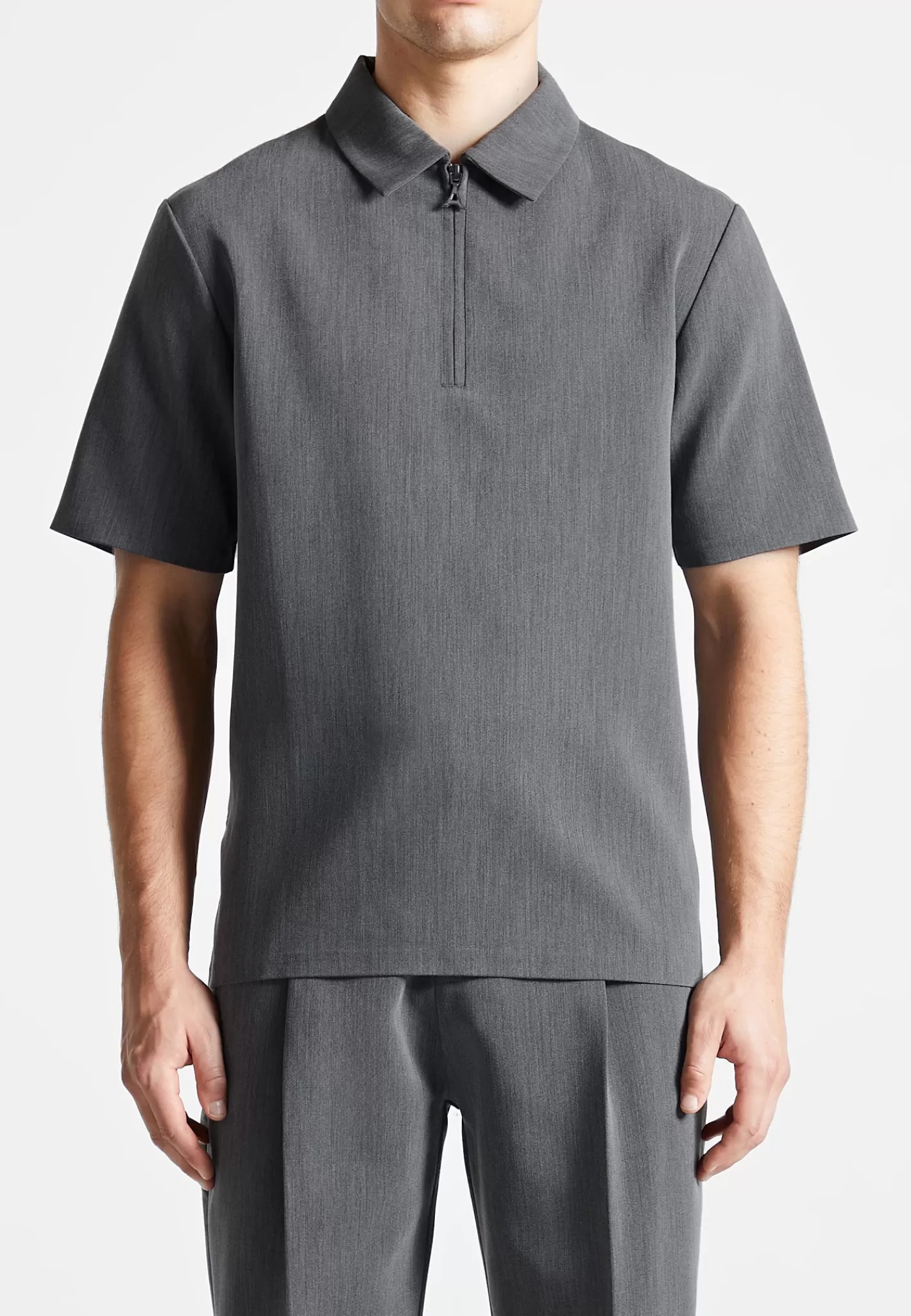Tailored Zip Polo Top - Dark Grey-Manière De Voir Outlet