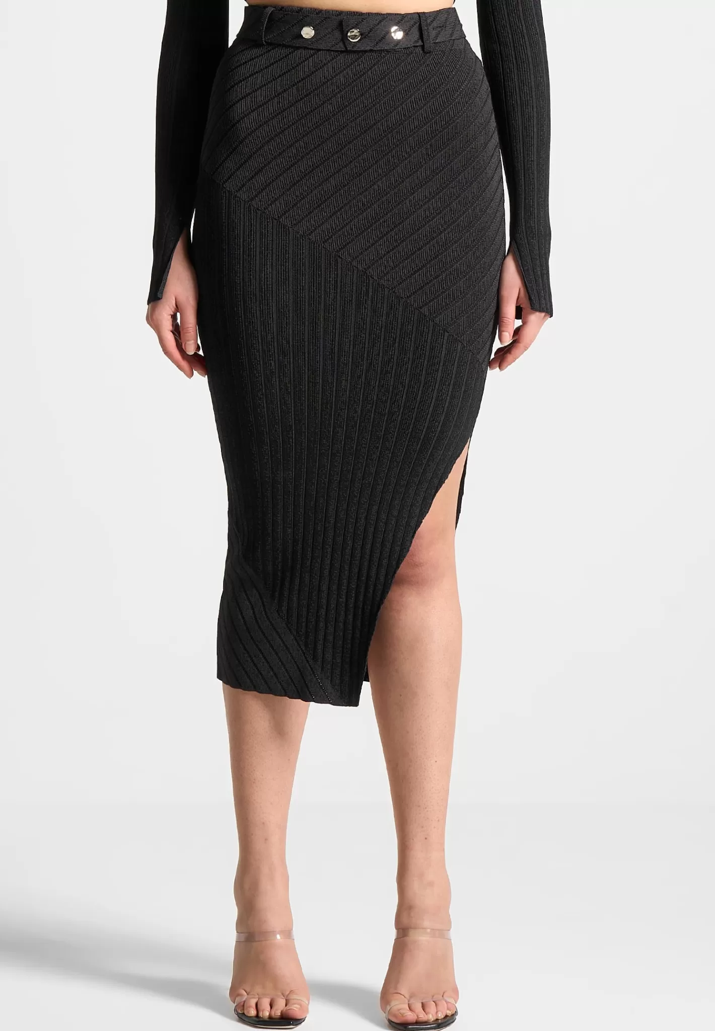 Two-Tone Ribbed Knit Midi Skirt with Belt - -Manière De Voir Online