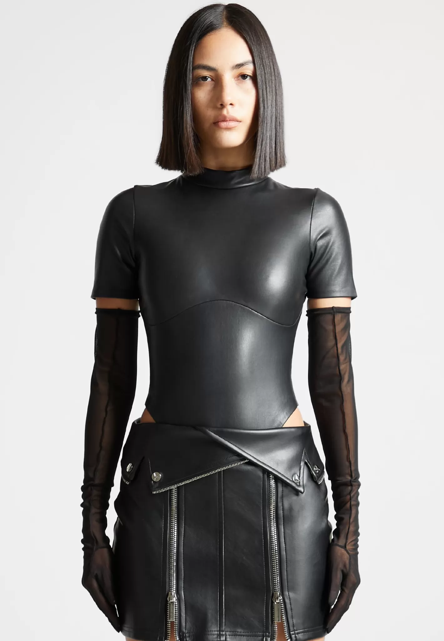 Vegan Leather Bodysuit with Mesh Gloves - -Manière De Voir Best
