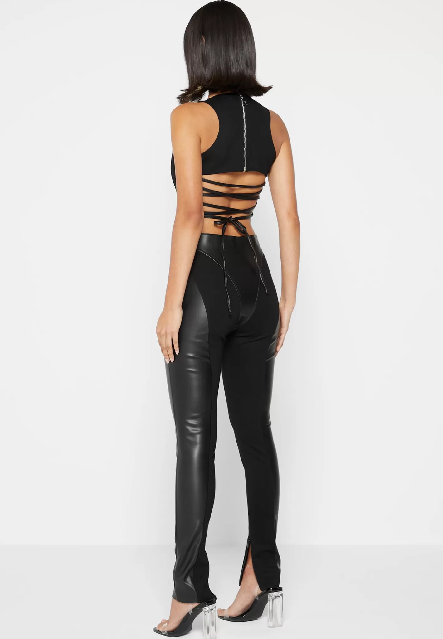Vegan Leather Corset Lace Up Jumpsuit - -Manière De Voir Flash Sale