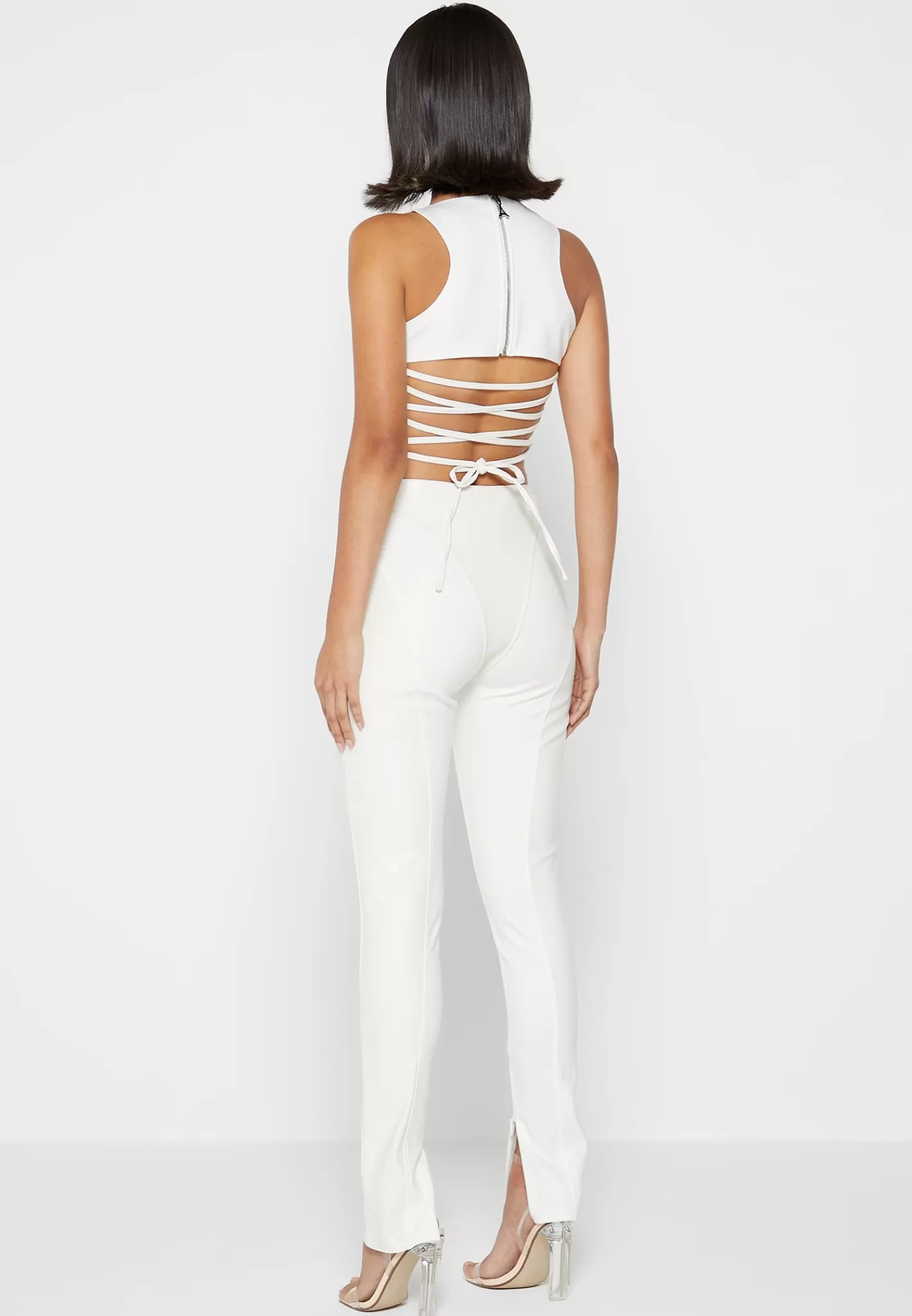 Vegan Leather Corset Lace Up Jumpsuit - Off White-Manière De Voir Discount