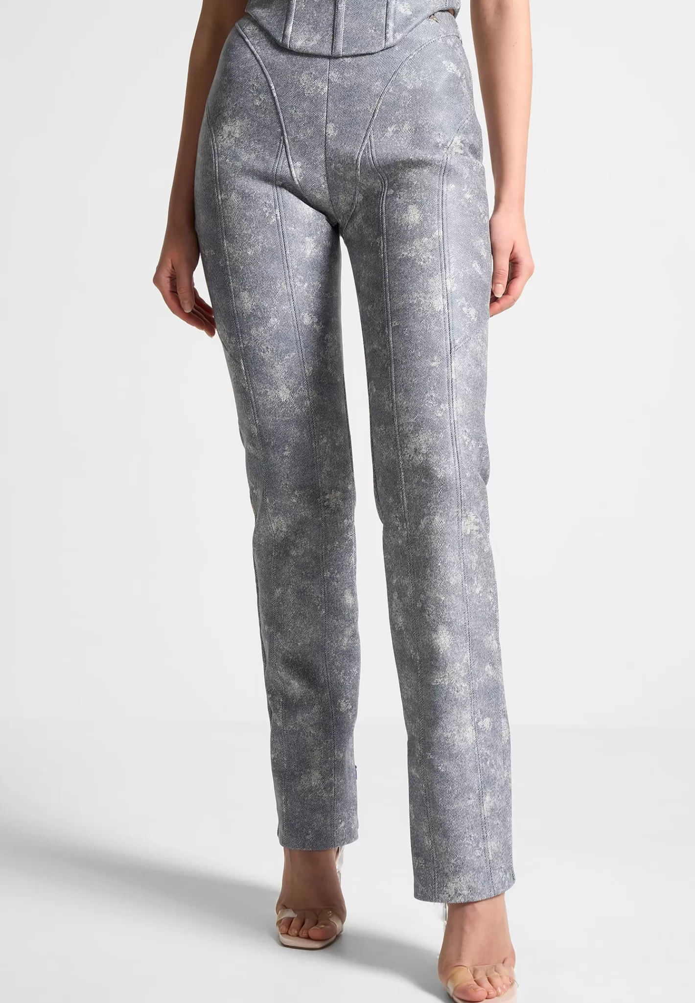 Vegan Leather Denim Effect Straight Leg Trousers - -Manière De Voir Sale
