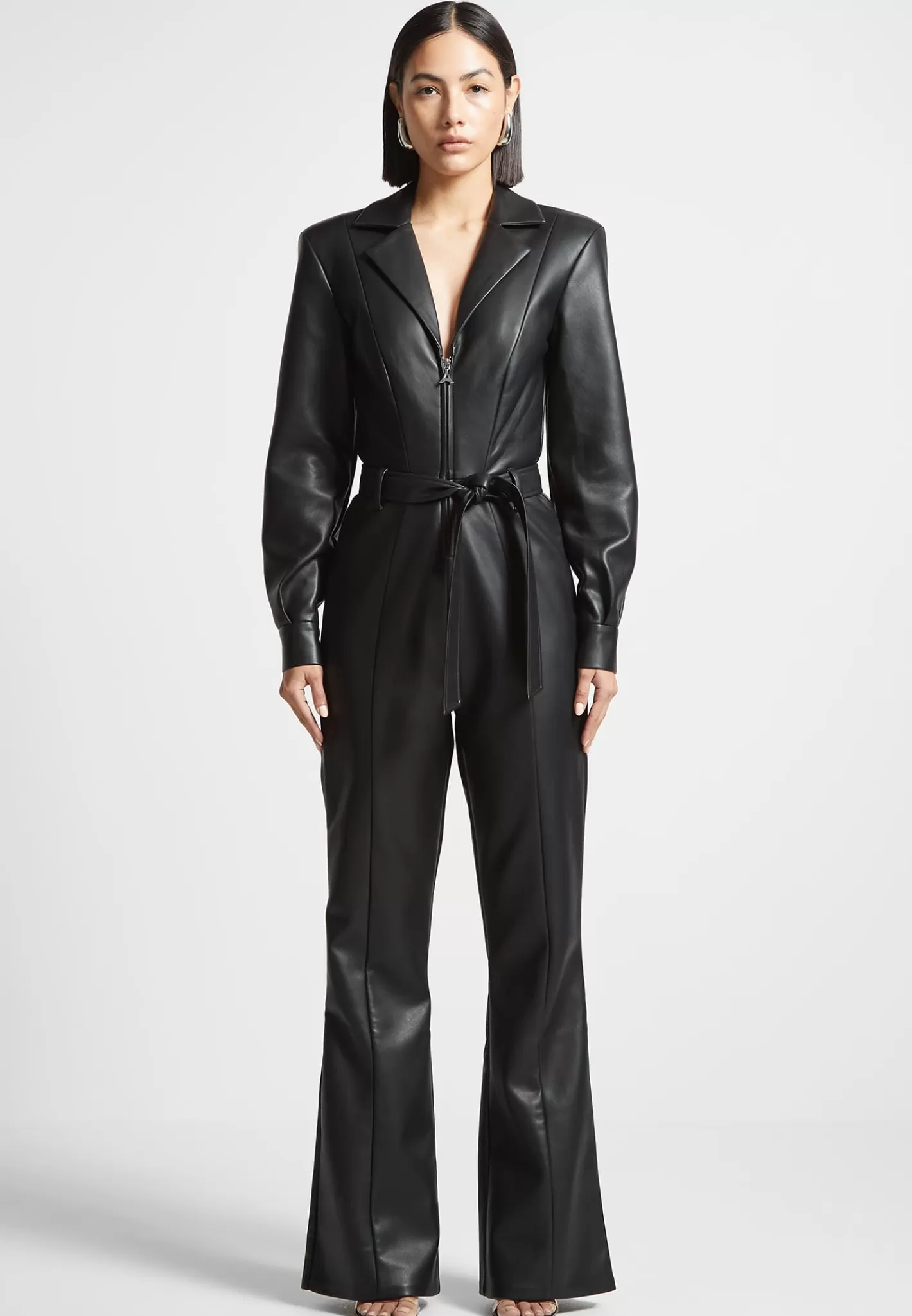 Vegan Leather Fit and Flare Belted Jumpsuit - -Manière De Voir Discount