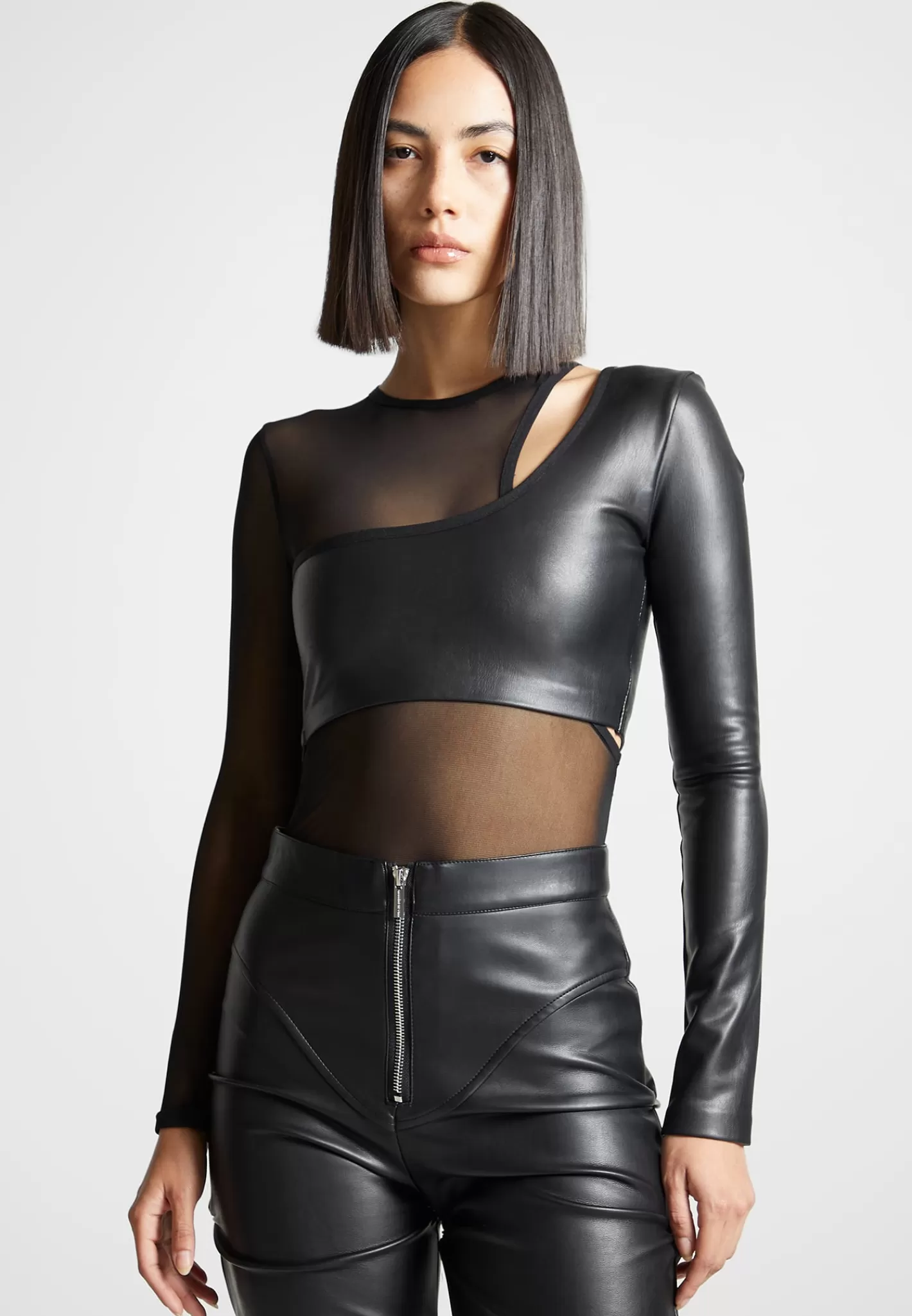 Vegan Leather Overlay Mesh Bodysuit - -Manière De Voir Sale