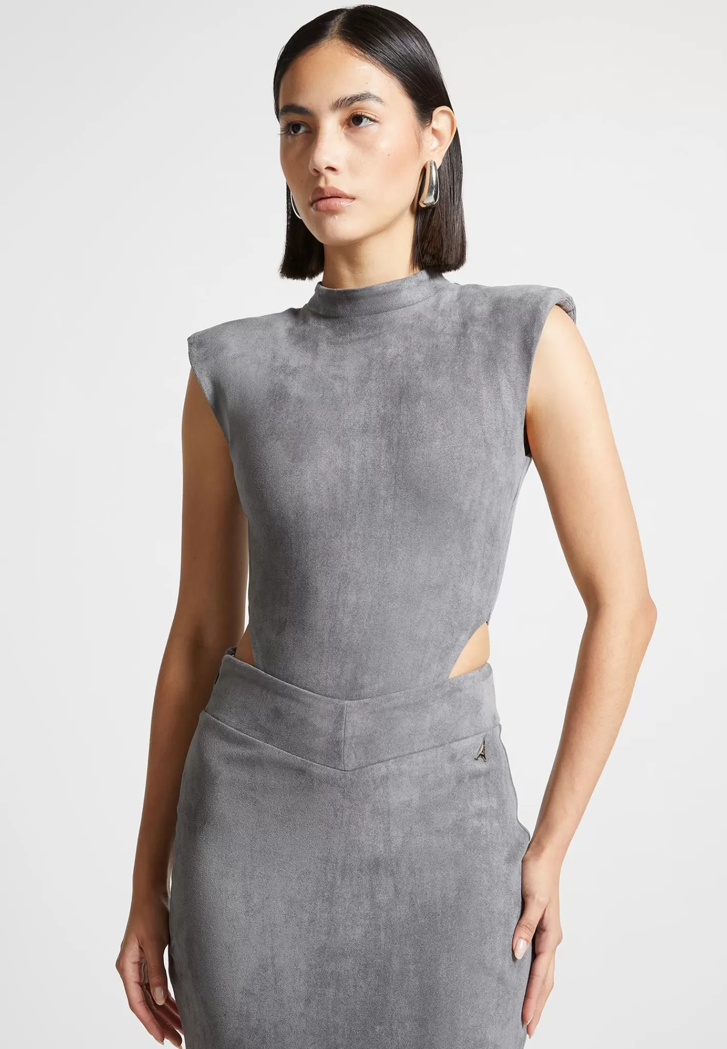 Vegan Suede Wide Shoulder Bodysuit - Light Grey-Manière De Voir Fashion