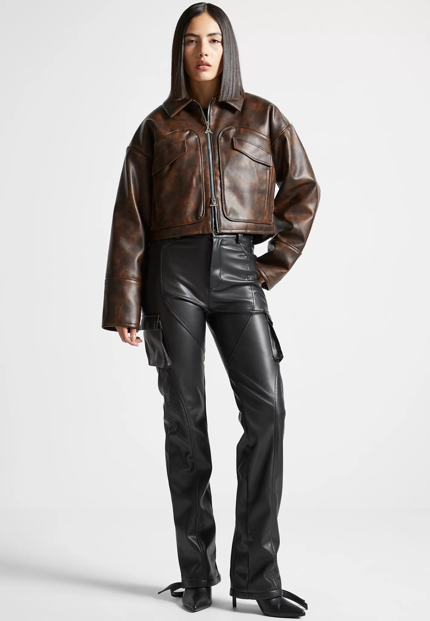 Vintage Vegan Leather Jacket with Detachable Collar - -Manière De Voir Discount