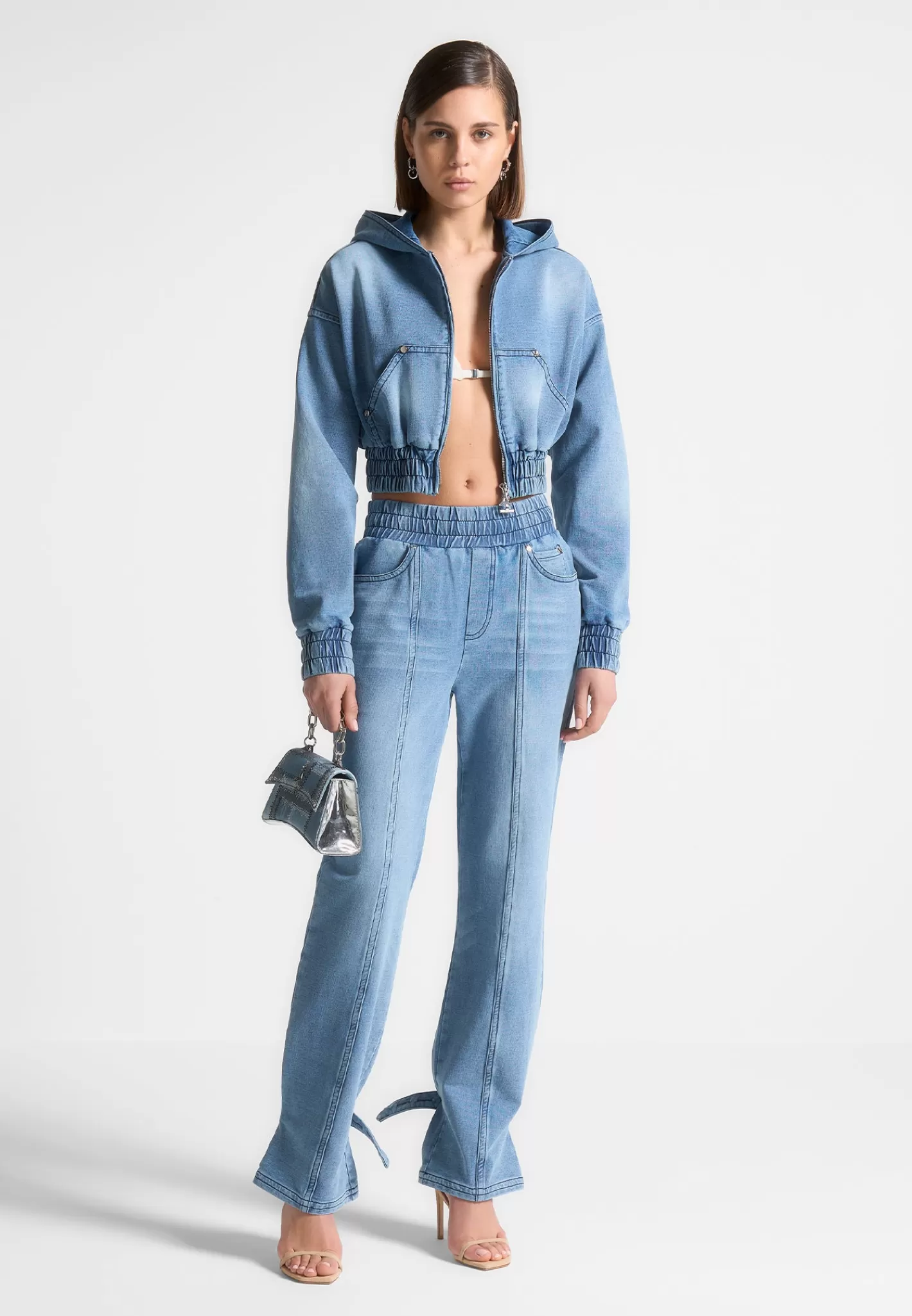 Washed Denim Jersey Hoodie - Mid Blue-Manière De Voir Fashion