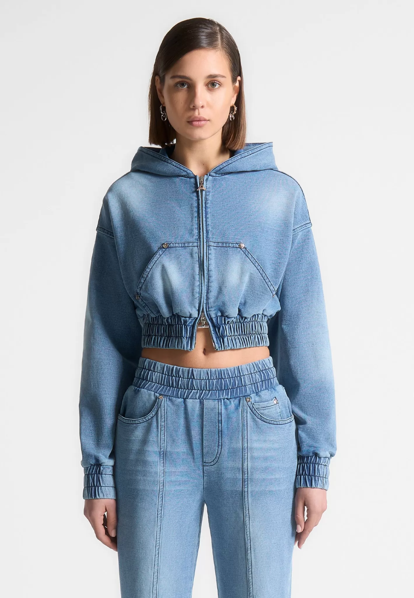 Washed Denim Jersey Hoodie - Mid Blue-Manière De Voir Fashion