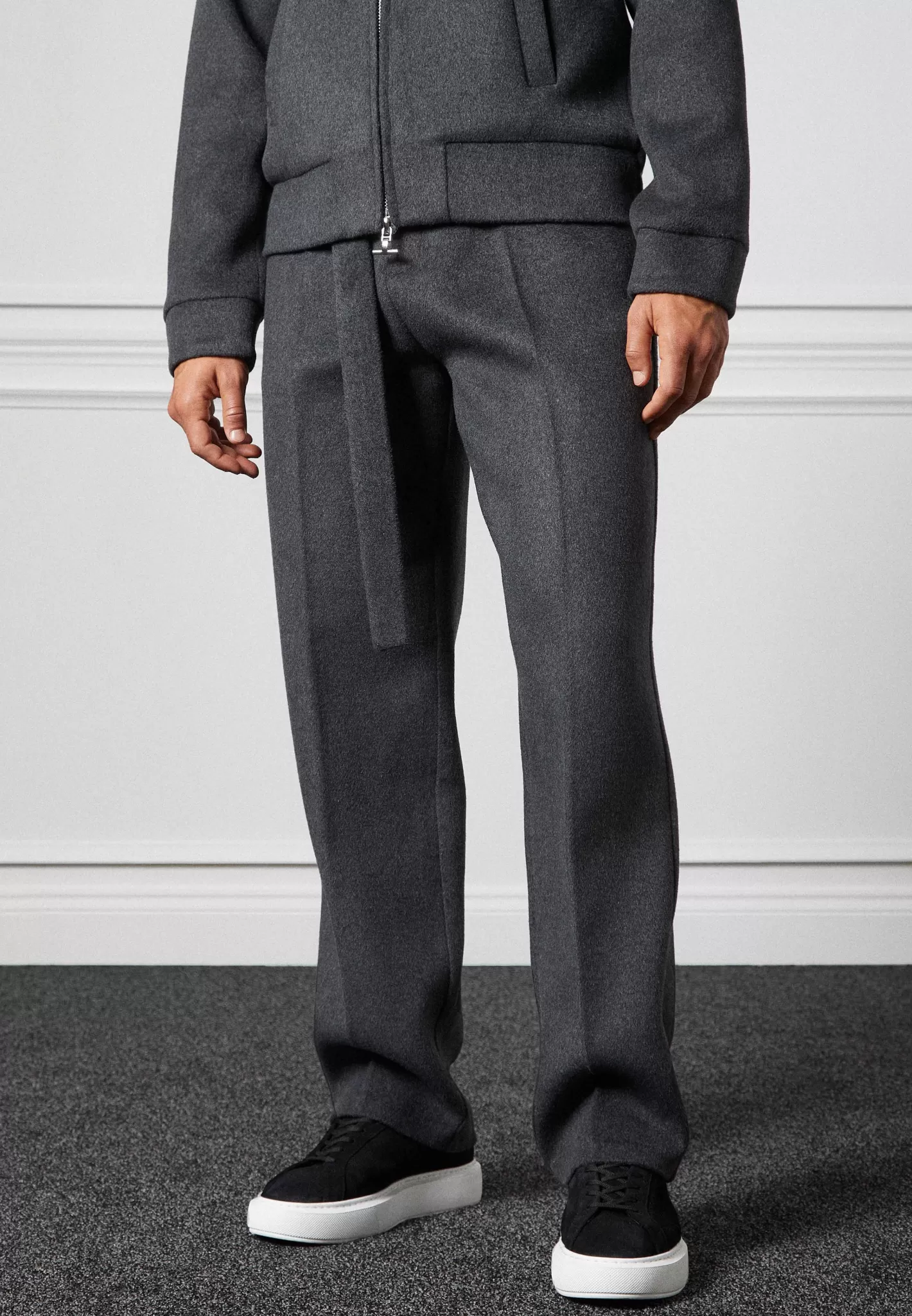Wool Blend Marl Belted Trousers - Charcoal Grey-Manière De Voir Fashion