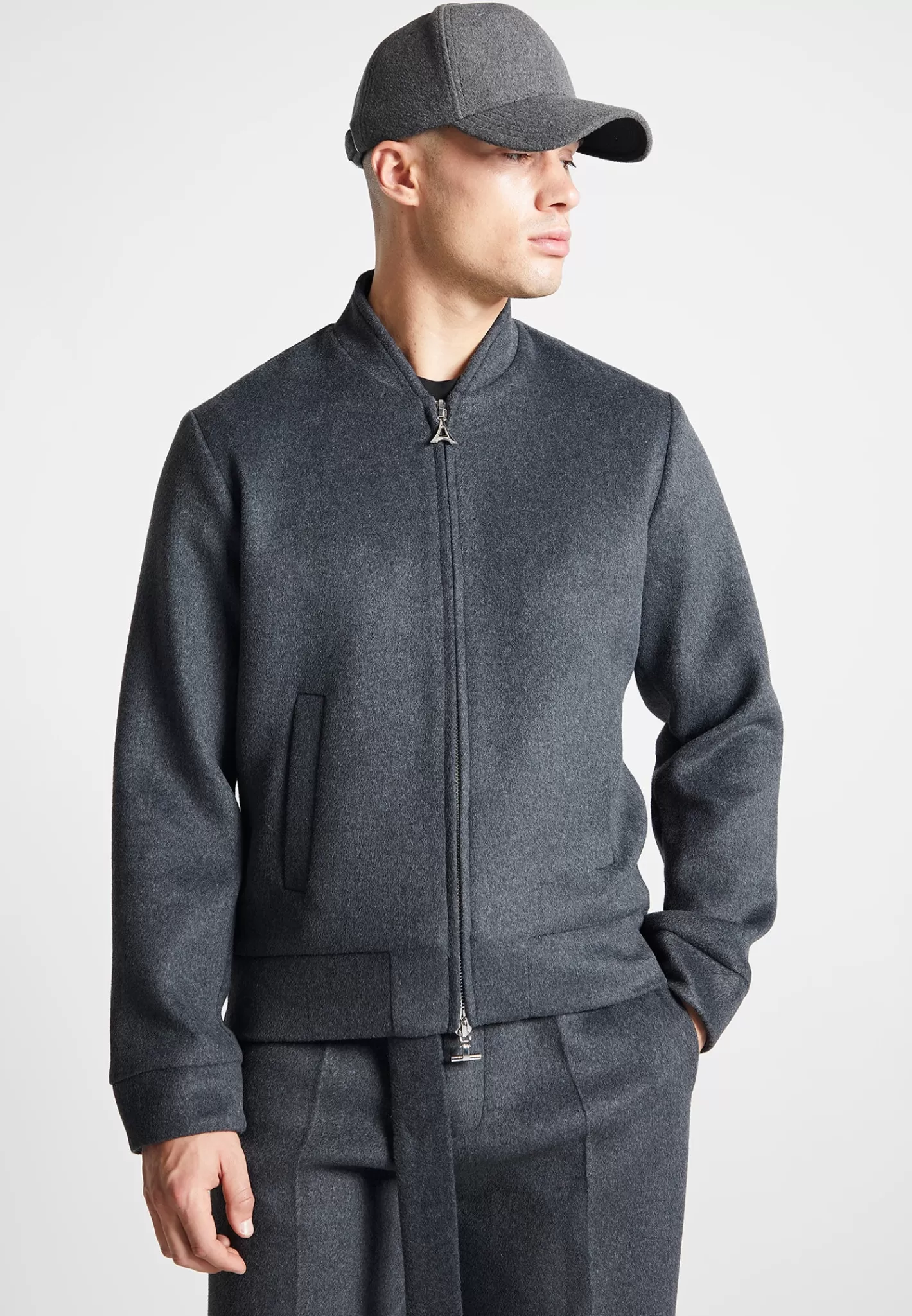 Wool Blend Marl Bomber Jacket - Charcoal Grey-Manière De Voir Cheap