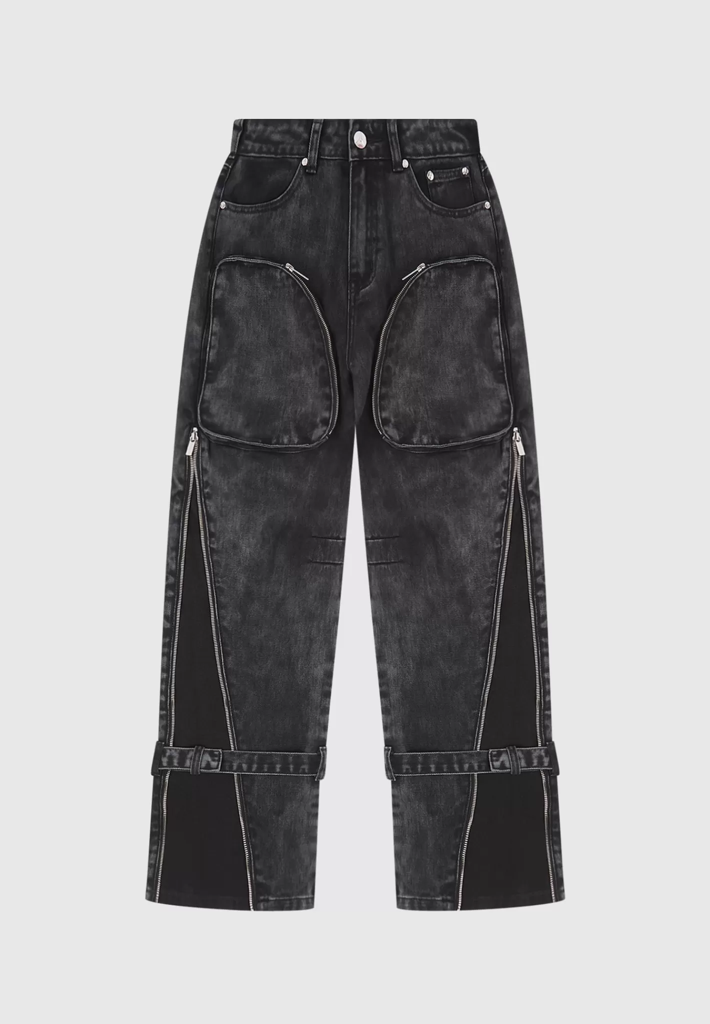 Zip Detail Denim Cargo Pants - Washed Black-Manière De Voir Cheap