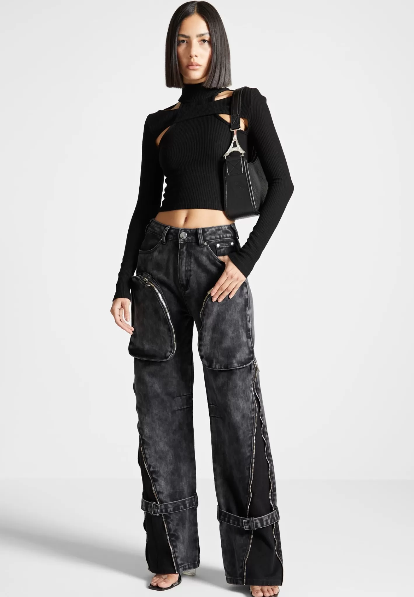 Zip Detail Denim Cargo Pants - Washed Black-Manière De Voir Cheap